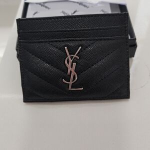 Saint Laurent Black Quilted Leather Card Case with Silver YSL Logo